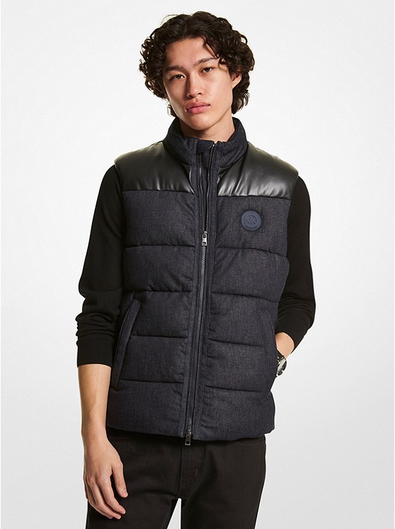 Michael Kors Mens Quilted Denim and Faux Leather Vest