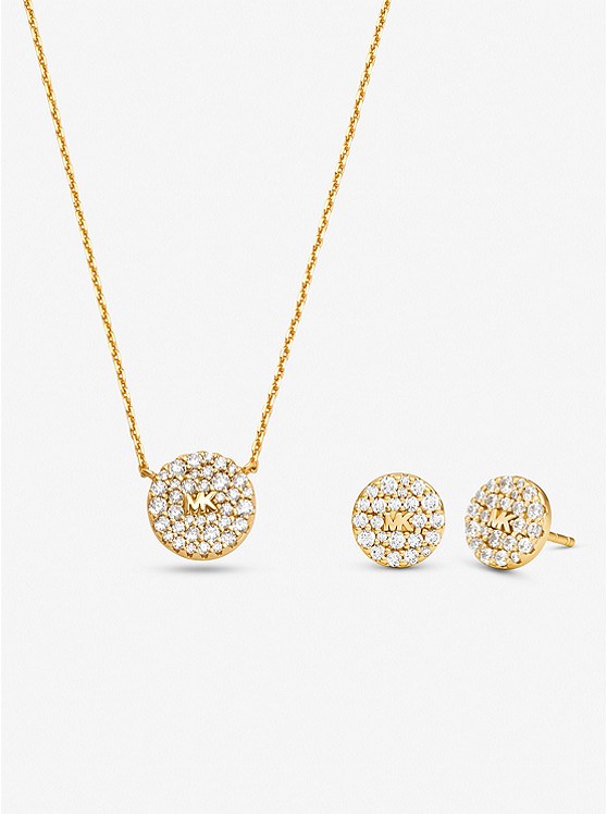 마이클코어스 Michael Kors 14K Gold-Plated Sterling Silver Pave Logo Disc Earrings and Necklace Set