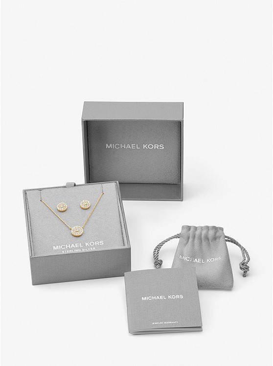 마이클코어스 Michael Kors 14K Gold-Plated Sterling Silver Pave Logo Disc Earrings and Necklace Set