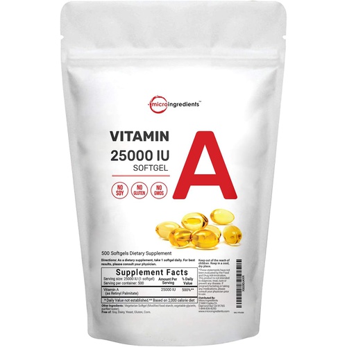  Micro Ingredients Maximum Strength Vitamin A 25000 IU, 500 Softgels (18 Months Supply) with Virgin Sunflower Seed Oil for Better Absorption, Supports Healthy Vision, Growth & Reproduction, Non-GMO &