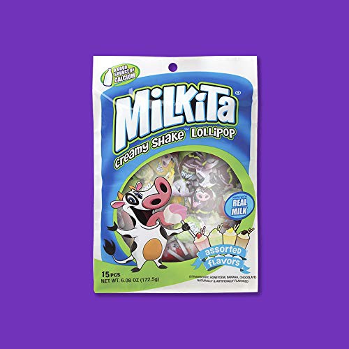  Milkita Creamy Shake Lollipop Bag, Gluten Free Chewy Candies with Calcium & Real Milk, Zero Trans Fat, Low-Sugar, Assorted Flavors (Strawberry, Chocolate, Honeydew, Banana), 15 Pcs