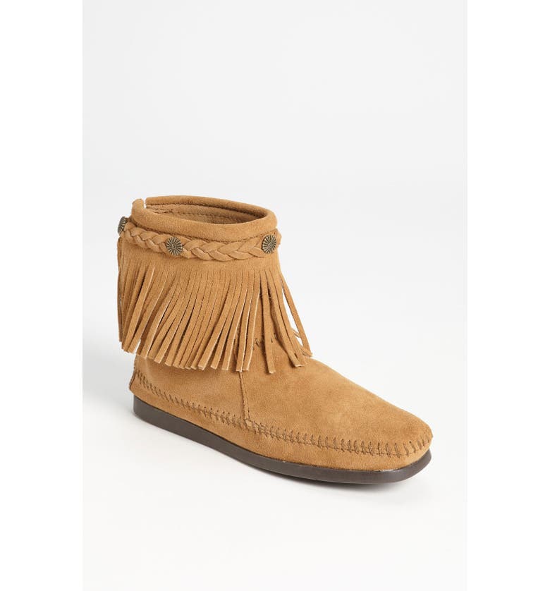 Minnetonka Fringed Moccasin Bootie_TAUPE