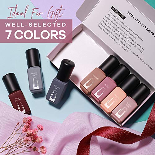  Modelones Gel Nail Polish Set, Red Brown Pink Nude Grey 7 Colors 6 ML Gift Box LED Soak Off Nail Gel Manicure Kit