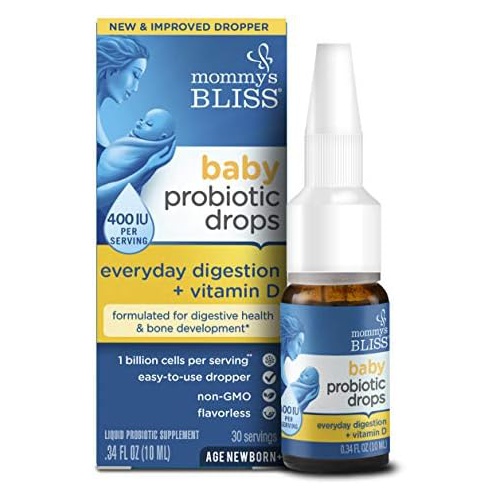  Mommys Bliss Baby Probiotic Drops + Vitamin D - Gas, Constipation, Colic Symptom Relief - Newborns and Up - Natural, Flavorless, Unflavored, 0.34 Fl Oz (BAB05563)
