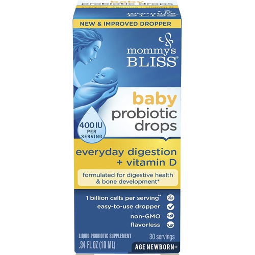  Mommys Bliss Baby Probiotic Drops + Vitamin D - Gas, Constipation, Colic Symptom Relief - Newborns and Up - Natural, Flavorless, Unflavored, 0.34 Fl Oz (BAB05563)