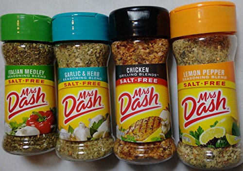 Mrs. Dash Seasoning Blends Variety Flavor 4 Pack, Italian Medley 2.0oz, Garlic & Herb 2.5oz, Chicken Grilling 2.4oz Lemon Pepper 2.5 oz