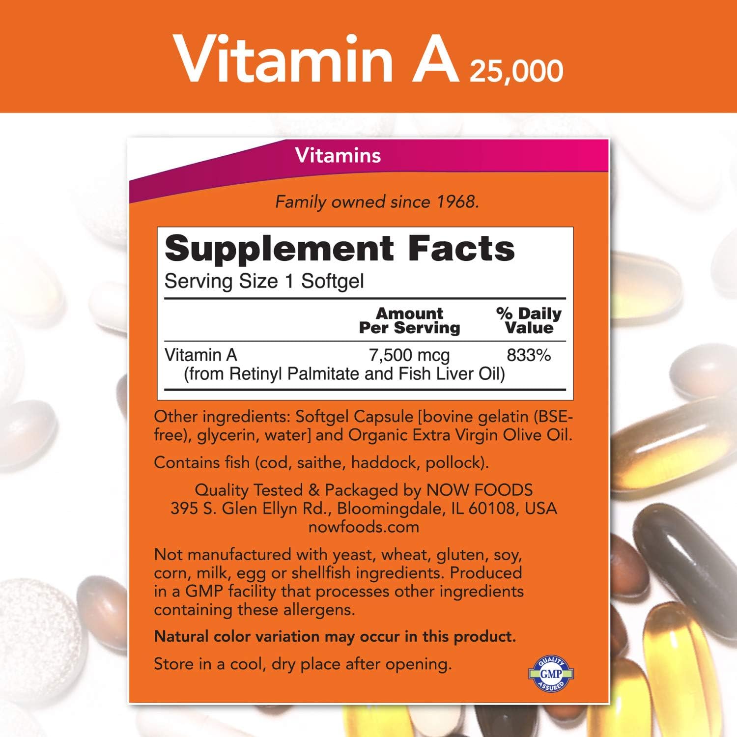  NOW Supplements, Vitamin A (Fish Liver Oil) 25,000 IU, Essential Nutrition, 250 Softgels