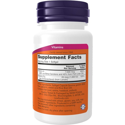  NOW Supplements, Vitamin A & D3 25,000/1,000 IU, Eye Health*, Essential Nutrition, 100 Softgels