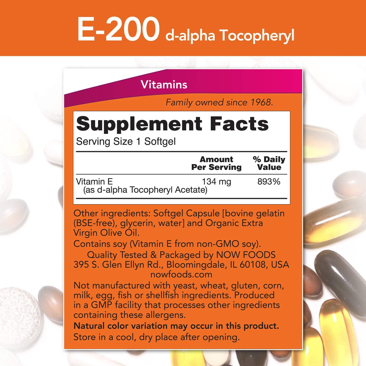  NOW Supplements, Vitamin E-200 IU, D-Alpha Tocopheryl, Antioxidant Protection*, 100 Softgels