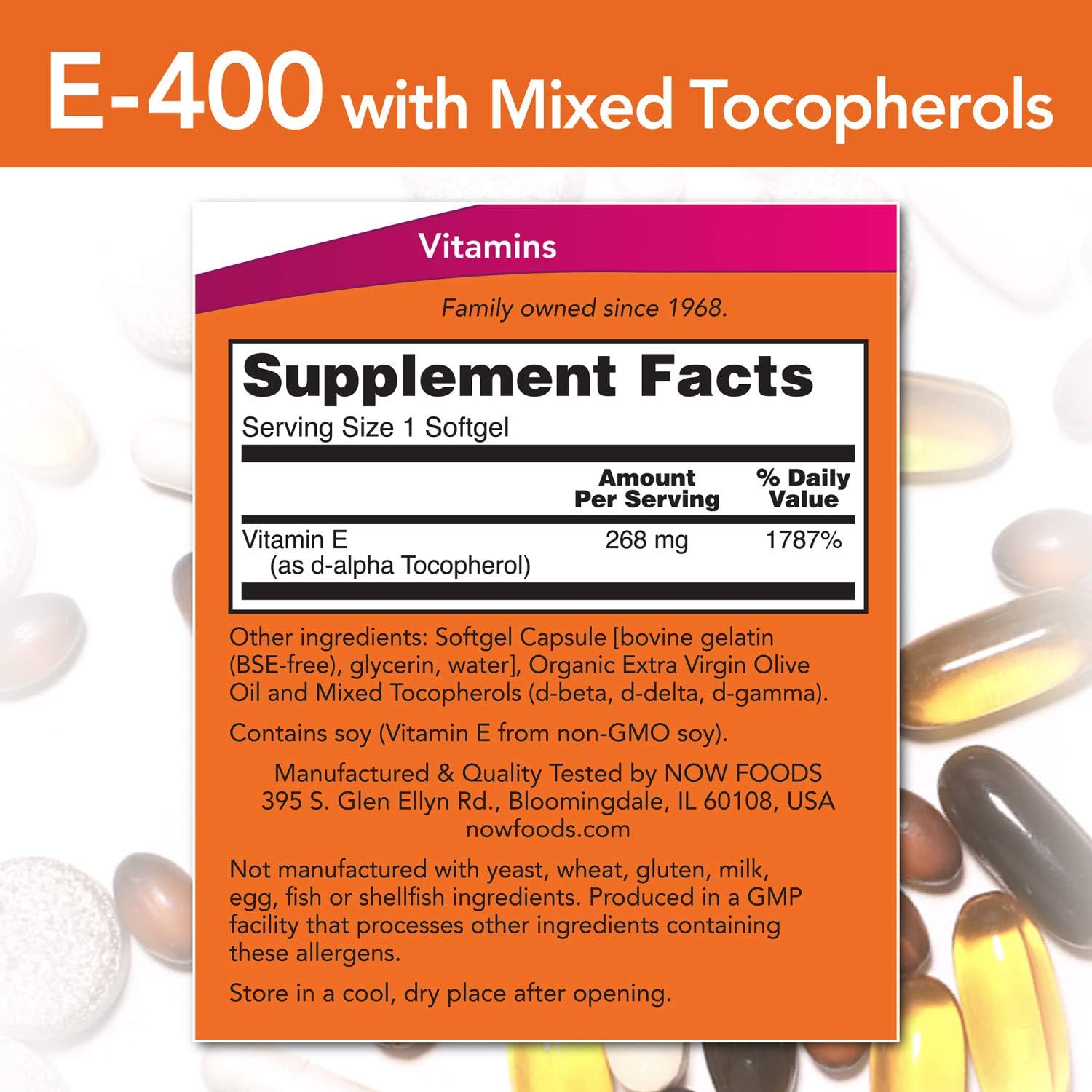  NOW Supplements, Vitamin E-400 IU Mixed Tocopherols, Antioxidant Protection*, 50 Softgels