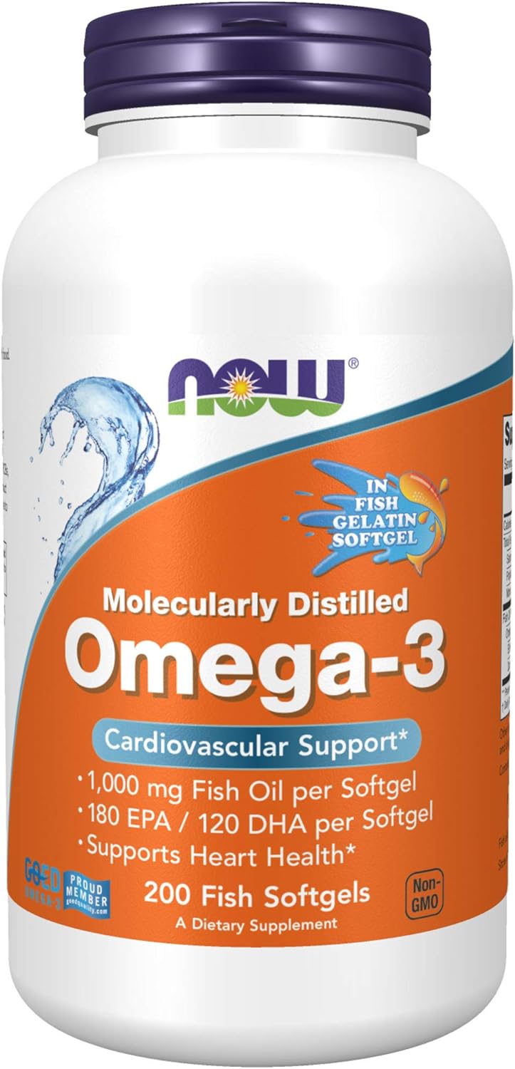  NOW Supplements, Omega-3 180 EPA / 120 DHA, Molecularly Distilled, Cardiovascular Support*, 200-Fish Gelatin Softgels
