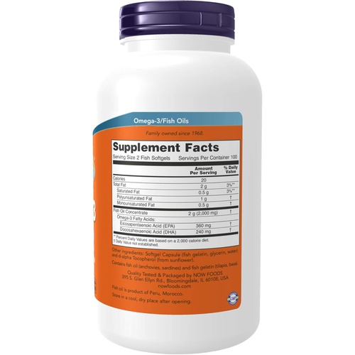  NOW Supplements, Omega-3 180 EPA / 120 DHA, Molecularly Distilled, Cardiovascular Support*, 200-Fish Gelatin Softgels