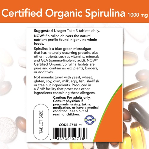  NOW Supplements, Certified Organic, Spirulina 1000 mg (Double Strength), Rich in Beta-Carotene (Vitamin A) and B-12 with naturally occurring GLA , 120 Tablets