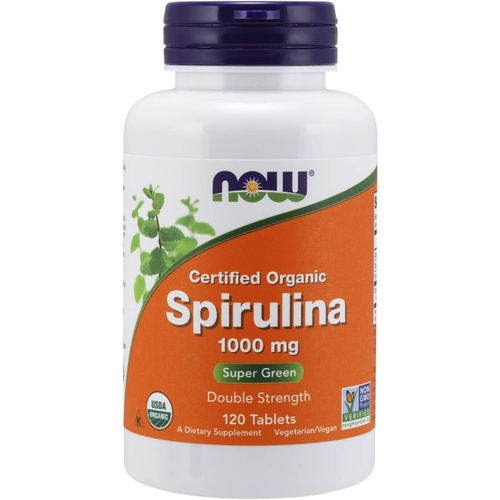  NOW Supplements, Certified Organic, Spirulina 1000 mg (Double Strength), Rich in Beta-Carotene (Vitamin A) and B-12 with naturally occurring GLA , 120 Tablets