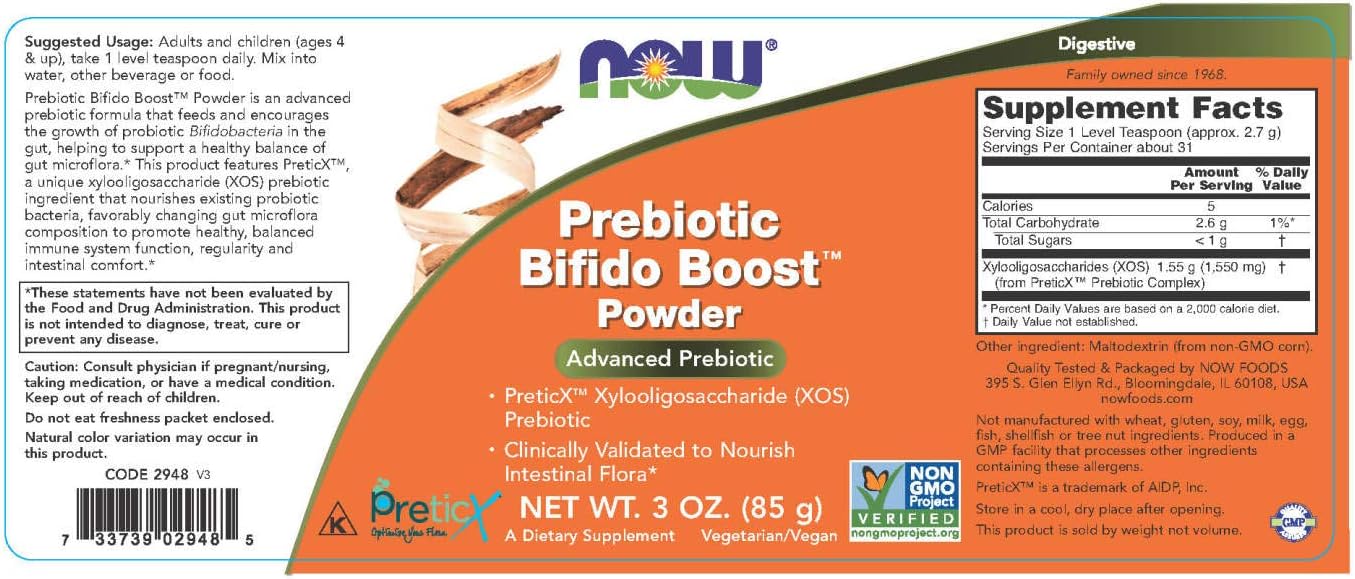  NOW Supplements, Prebiotic Bifido Boost with PreticX Xylooligosaccharide (XOS) Prebiotic, Powder, 3-Ounce