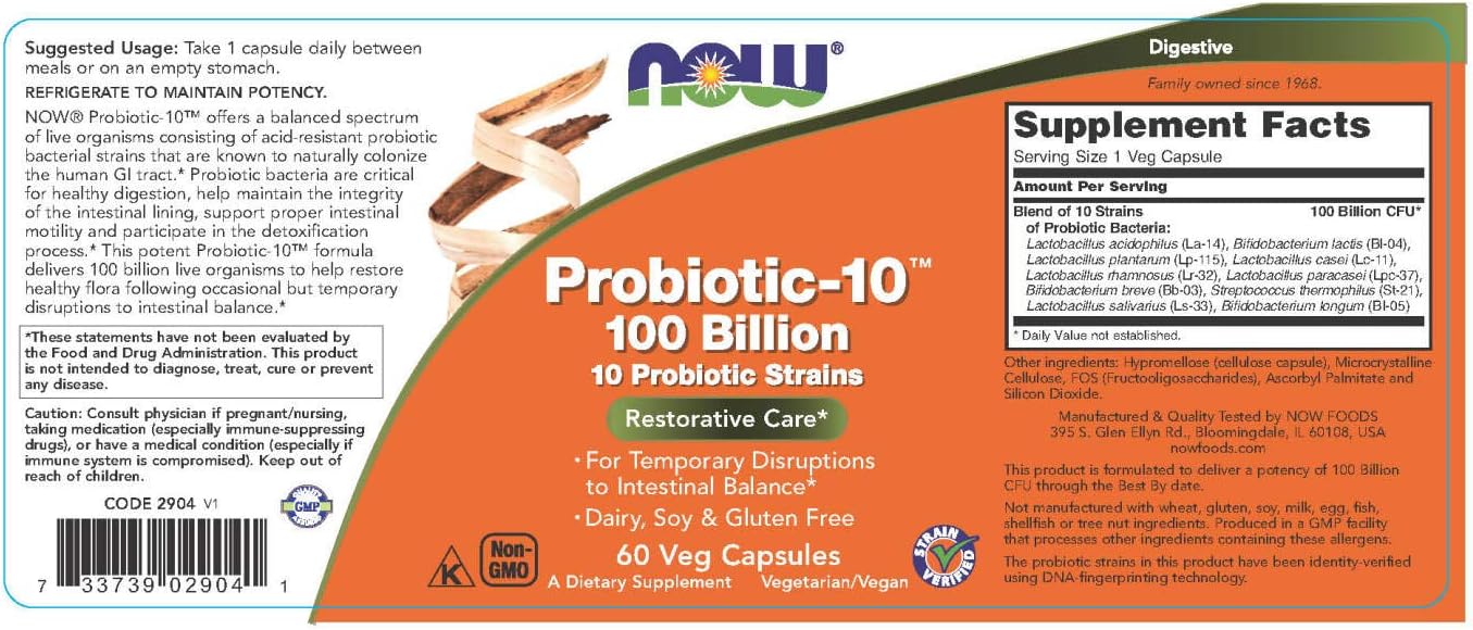  NOW Supplements, Probiotic-10, 100 Billion, with 10 Probiotic Strains,Dairy, Soy and Gluten Free, Strain Verified, 60 Veg Capsules