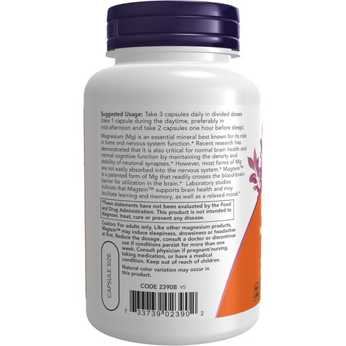  NOW Supplements, Magtein with patented form of Magnesium (Mg), Cognitive Support*, 90 Veg Capsules
