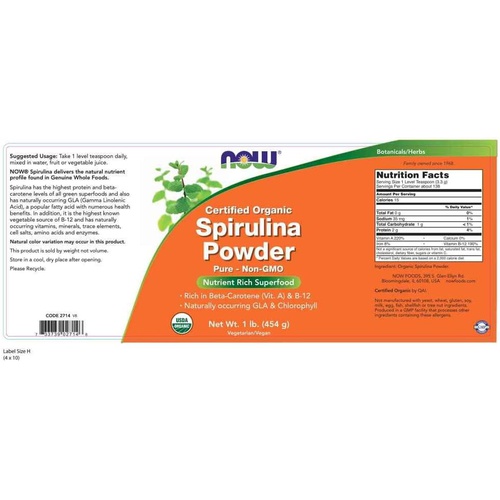  NOW Supplements, Certified Organic, Spirulina Powder, Rich in Beta-Carotene (Vitamin A) and B-12 with naturally occurring GLA & Chlorophyll, 1-Pound