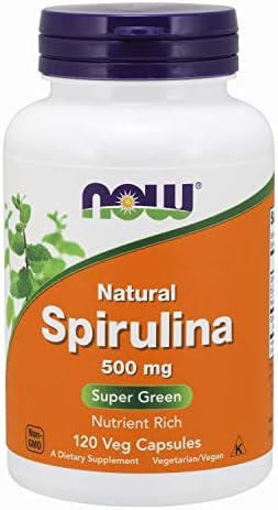  NOW Supplements, Natural Spirulina 500 mg with Beta-Carotene (Vitamin A) and Vitamin B-12, and naturally occurring Protein and GLA (Gamma Linolenic Acid), 120 Veg Capsules