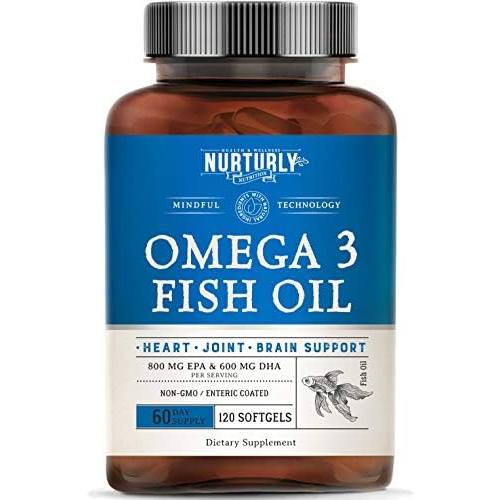  NURTURLY Omega 3 Fish Oil 2000mg, 800mg EPA and 600mg DHA - Enteric Coated and Burpless - Supports Joint, Brain, and Heart Health - Burpless, Non-GMO, 3rd Party Lab Tested and NSF Certified