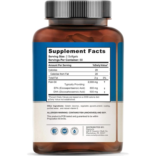  NURTURLY Omega 3 Fish Oil 2000mg, 800mg EPA and 600mg DHA - Enteric Coated and Burpless - Supports Joint, Brain, and Heart Health - Burpless, Non-GMO, 3rd Party Lab Tested and NSF Certified