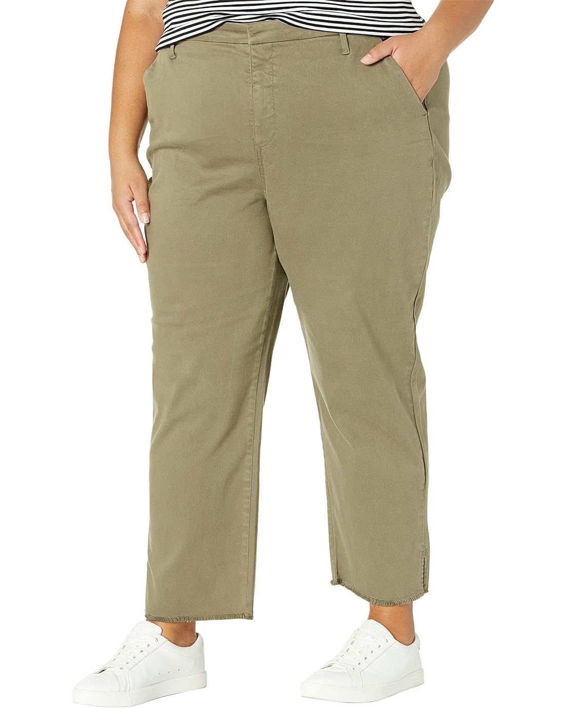 NYDJ Plus Size Plus Size Relaxed Stretch Twill Trousers with Fray Hem in Moss