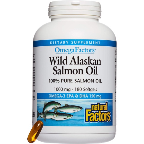  Omega Factors by Natural Factors, Wild Alaskan Salmon Oil, Supports Heart and Brain Health with Omega-3 DHA and EPA, 180 Softgels