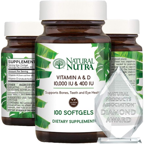  Natural Nutra Vitamin A and D, Sourced from Cod Liver Oil, 10000IU/400IU, Healthy Bones Supplement, Promotes Strong Teeth and Eyes, Improves Heart and Muscle Function, Immune Syste