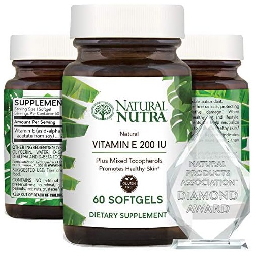  Natural Nutra d-Alpha Tocopherol Vitamin E 200 IU Supplement for Healthy Skin, Hair and Nails, Promotes Heart Health, Face Elasticity and Scar Repair, Gluten Free, 60 Softgels