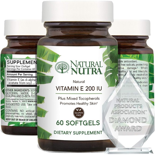  Natural Nutra d-Alpha Tocopherol Vitamin E 200 IU Supplement for Healthy Skin, Hair and Nails, Promotes Heart Health, Face Elasticity and Scar Repair, Gluten Free, 60 Softgels