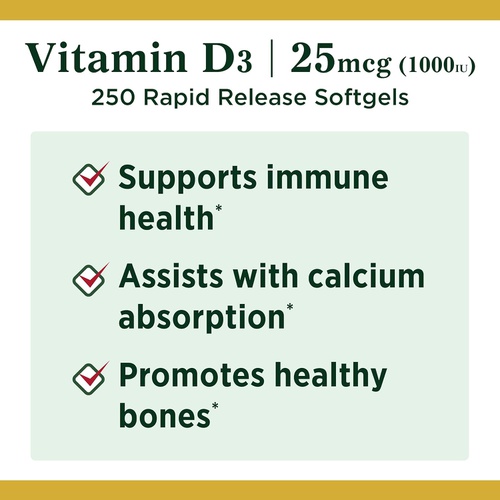  Natures Bounty Nature’s Bounty Vitamin D3 1000 IU, Immune Support, Helps Maintain Healthy Bones, 250 Rapid Release Softgels