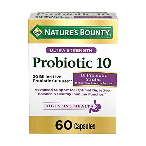  Probiotics by Natures Bounty, Ultra Strength Probiotic 10, Immune Health & Digestive Balance, 60 Capsules