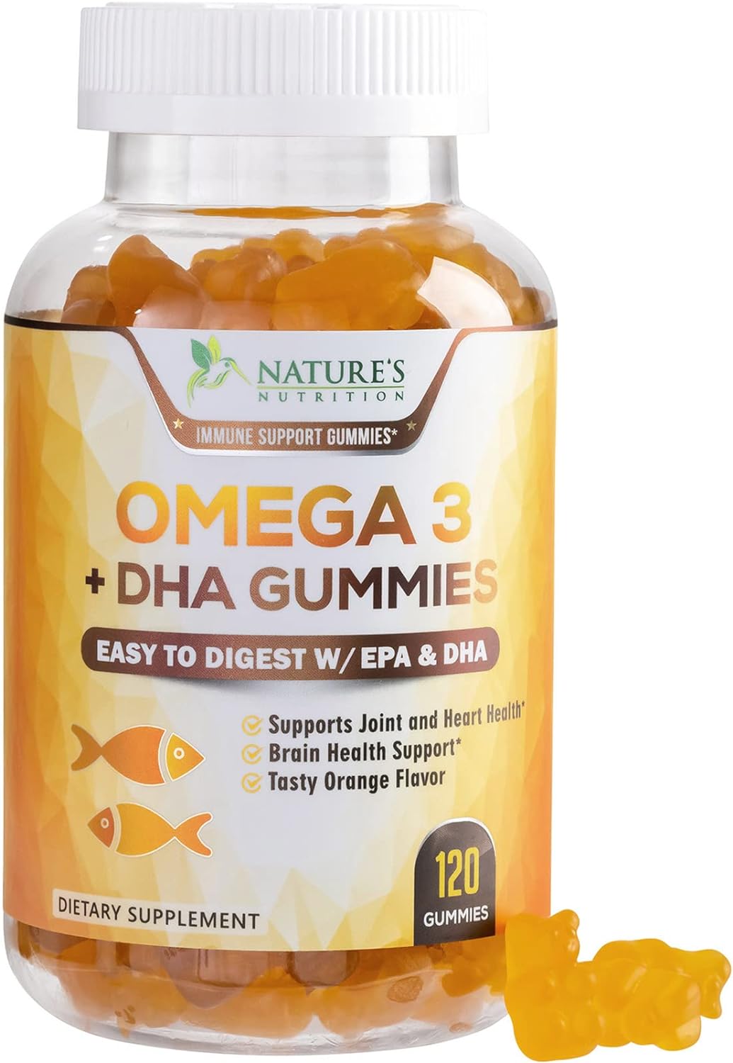 Natures Nutrition Omega 3 Fish Oil Gummies, Heart Healthy Omega 3s with DHA & EPA, Tasty Natural Orange Flavor, Extra Strength Brain Support and Joints Support, Delicious Gummy Vitamin for Men & Wom