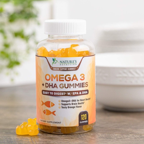  Natures Nutrition Omega 3 Fish Oil Gummies, Heart Healthy Omega 3s with DHA & EPA, Tasty Natural Orange Flavor, Extra Strength Brain Support and Joints Support, Delicious Gummy Vitamin for Men & Wom
