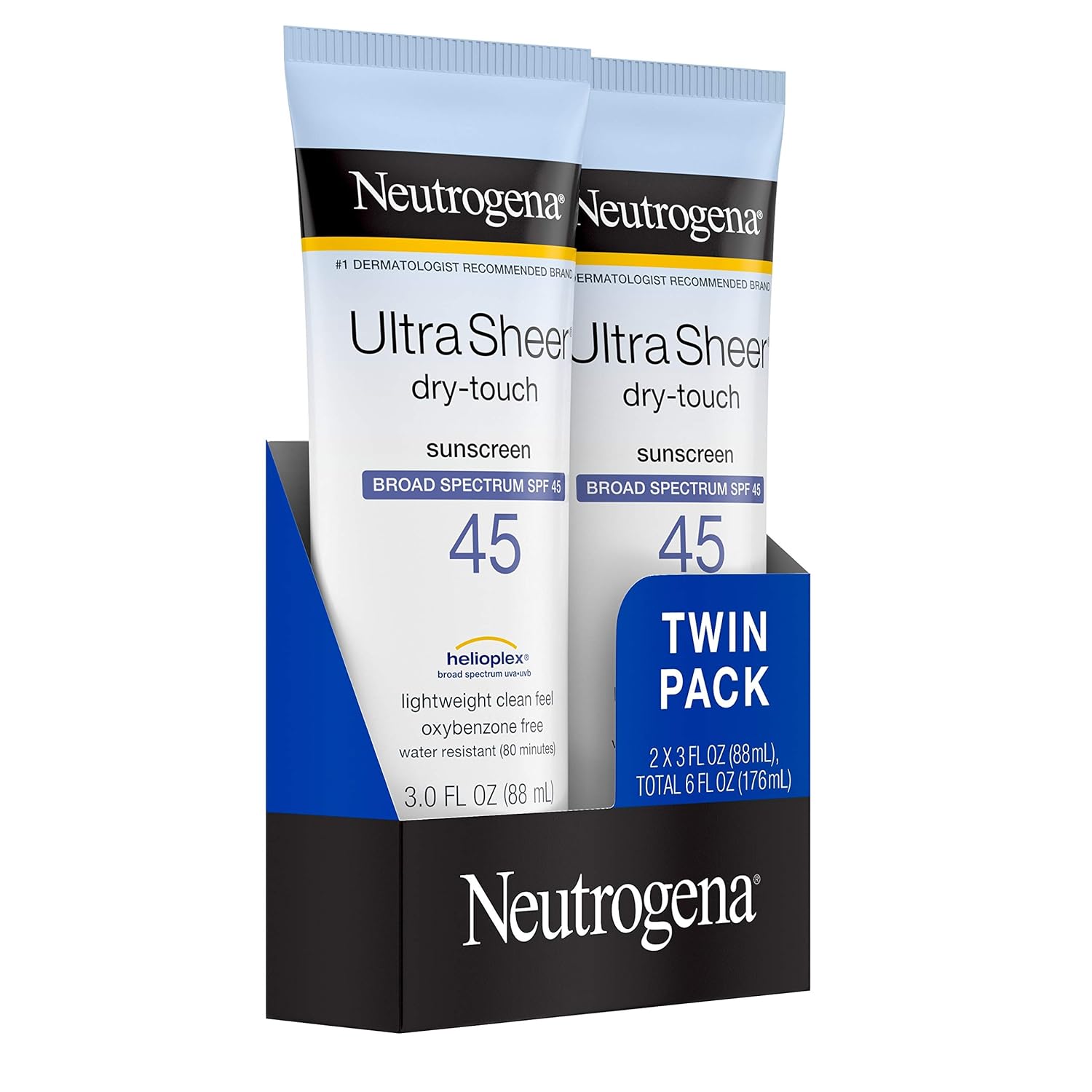  Neutrogena Ultra Sheer Dry-Touch Water Resistant and Non-Greasy Sunscreen Lotion with Broad Spectrum SPF 45, TSA-Compliant travel Size, 3 fl. oz, Pack of 2
