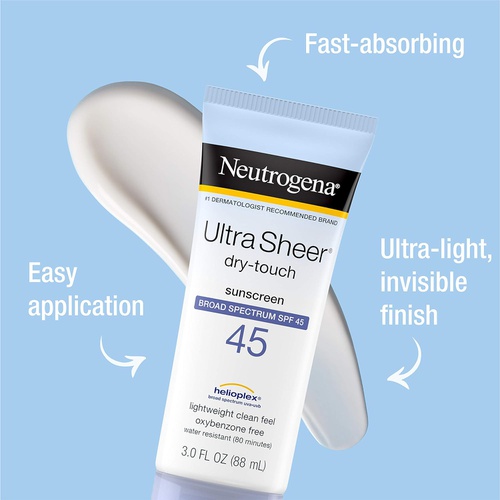  Neutrogena Ultra Sheer Dry-Touch Water Resistant and Non-Greasy Sunscreen Lotion with Broad Spectrum SPF 45, TSA-Compliant travel Size, 3 fl. oz, Pack of 2