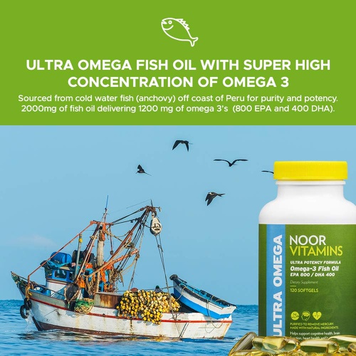  Noor Vitamins Halal Fish Oil, Halal Vitamins, Fish Oil Halal, Ultra Omega 3 Wild Peruvian Fish Oil (800 mg EPA & 400 mg DHA) Heart, Brain & Joint Support, Non-GMO & Gluten Free (12