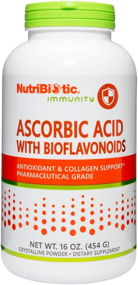 NutriBiotic - Ascorbic Acid With Bioflavonoids Powder, 16 Oz Highly Soluble Antioxidant & Collagen Support Supplement 2000 Mg Vitamin C with Lemon Bioflavonoid Complex Vegan, Glute