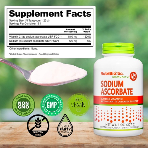  NutriBiotic - Sodium Ascorbate Buffered Vitamin C Powder, 8 Oz Vegan, Non Acidic & Easier on Digestion Than Ascorbic Acid Essential Immune Support & Antioxidant Supplement Gluten &
