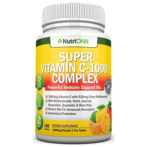  NutriONN Super Vitamin C Complex - 1695Mg - 180 Tablets - with 530 mg Natural Citrus Bioflavonoids, Rose Hips, Rutin, Quercetin & Hesperidin for Increased Absorption - Advanced Immune Suppo