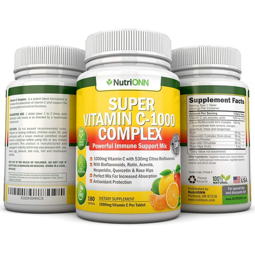  NutriONN Super Vitamin C Complex - 1695Mg - 180 Tablets - with 530 mg Natural Citrus Bioflavonoids, Rose Hips, Rutin, Quercetin & Hesperidin for Increased Absorption - Advanced Immune Suppo