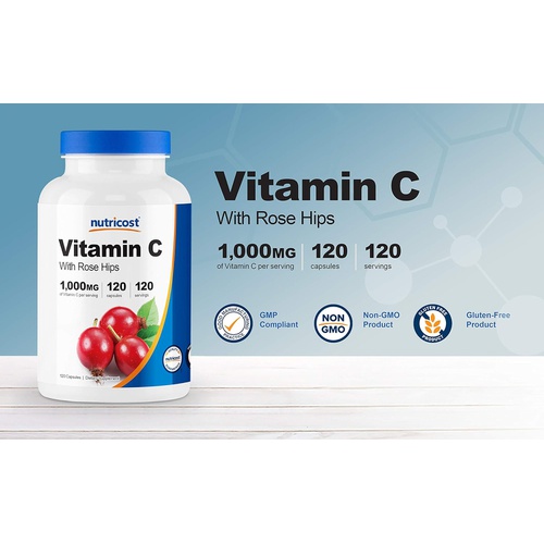  Nutricost Vitamin C with Rose Hips 1025mg, 240 Capsules - Vitamin C 1,000mg, Rose Hips 25mg, Premium, Non-GMO, Gluten Free Supplement