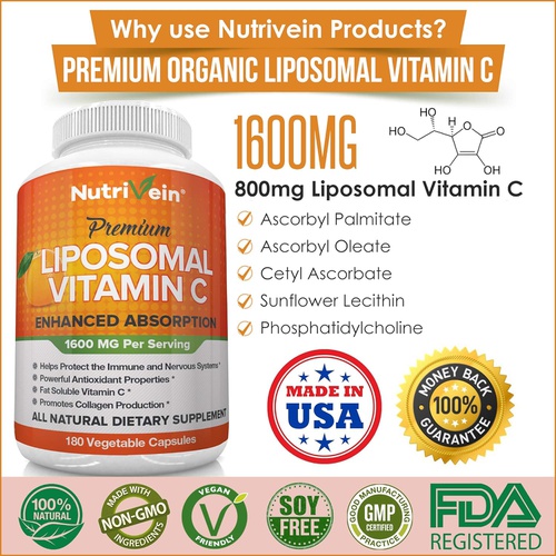  Nutrivein Liposomal Vitamin C 1650mg - 180 Capsules - High Absorption Ascorbic Acid - Supports Immune System & Collagen Booster - Powerful Antioxidant