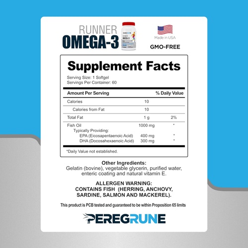  PEREGRUNE Runner Omega-3 Fish Oil Supplement 5X EPA & DHA Heart Health & Joint Support for Runners Enteric Coated, Burpless