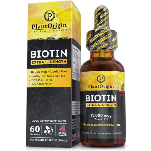  PLANTORIGIN Extra-Strength 15000mcg Biotin Liquid Vitamin Drops - Supports Hair Growth, Glowing Skin & Strong Nails , Alcohol-Free & Kosher,Berry Flavor & Coconut Oil - 5X Better Absorption, 6