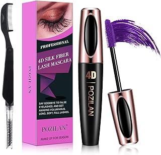 POZILAN 4D Silk Fiber Lash Mascara Waterproof Purple with Folding Eyelash Comb Brush - Lengthening, Volumizing, Long-Lasting, Natural Eye Makeup (02 Purple)