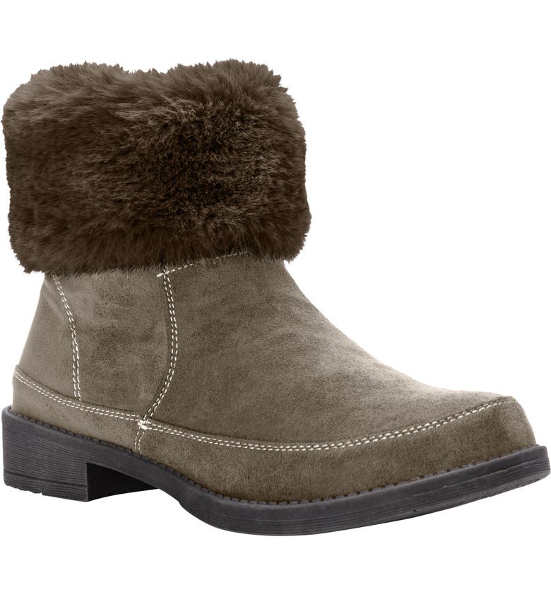 PROPEET Propet Tabitha Faux Fur Bootie_SMOKED TAUPE FABRIC