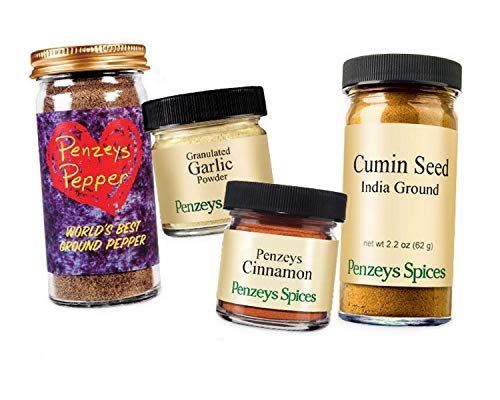 Penzeys Pepper 2.3 oz 1/2 cup jar, Granulated Garlic Powder 1.3 oz 1/4 cup jar, Cinnamon Ground .8 oz 1/4 cup jar & Cumin Ground 2.2 oz 1/2 cup jar Seasoning By Penzeys Spices. Spi