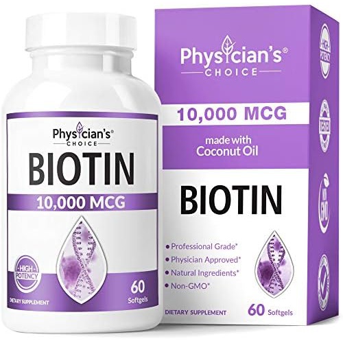 Physicians CHOICE Biotin 10000mcg with Coconut Oil for Hair Growth, Natural Hair, Skin and Nails Vitamins - High Potency Biotin, Non-GMO, Gluten-Free, 60 Veggie Capsules