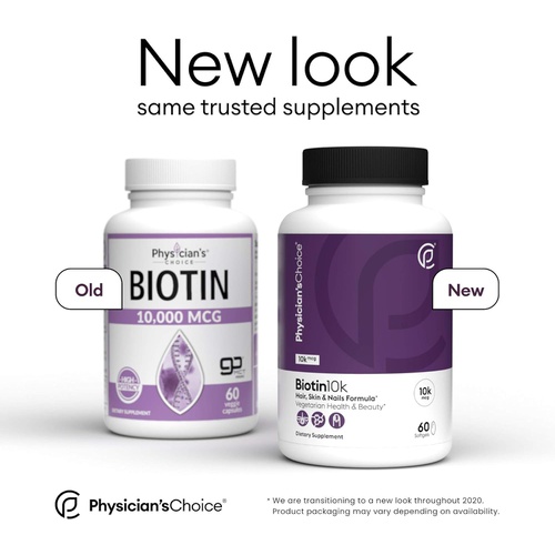  Physicians CHOICE Biotin 10000mcg with Coconut Oil for Hair Growth, Natural Hair, Skin and Nails Vitamins - High Potency Biotin, Non-GMO, Gluten-Free, 60 Veggie Capsules